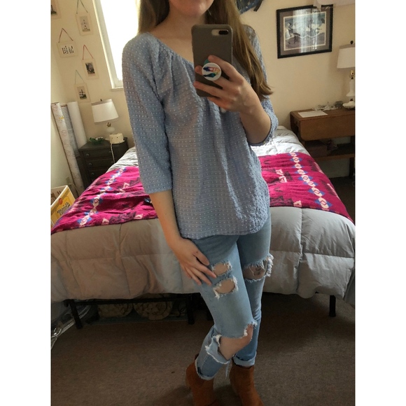 J. Crew Blue Swiss Dot Peasant Top - Picture 2 of 4